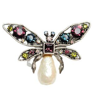 Yoscao Silvertone  Multicolor Rhinestones Faux Pearl Butterfly Pin Brooch